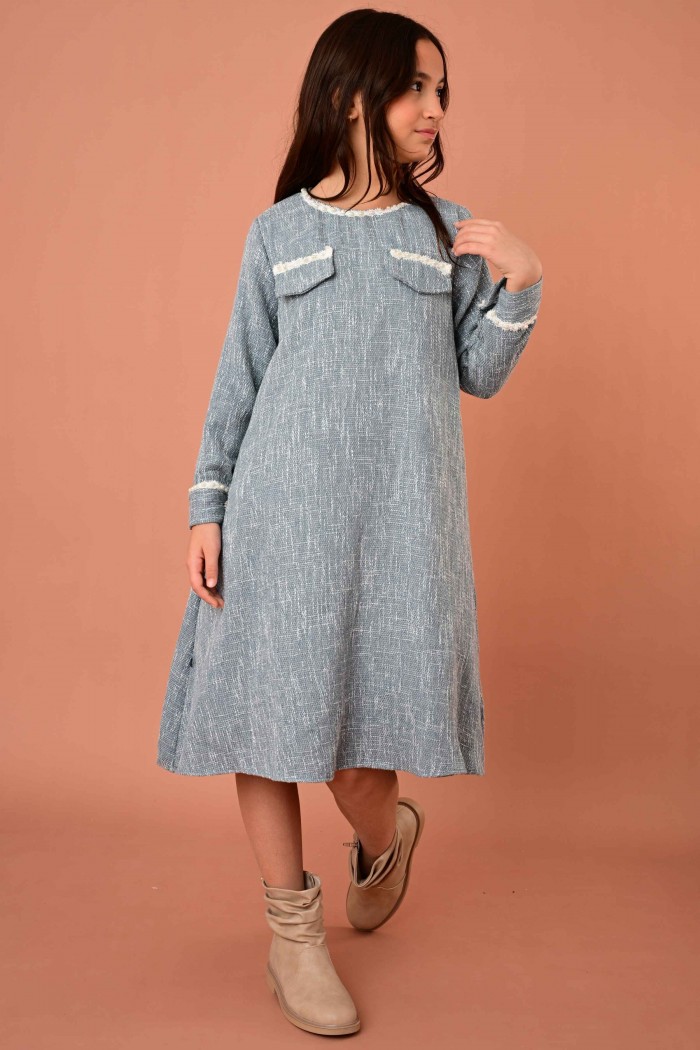 فستان شتوي بناتي لون سماوي بتفاصيل دانتيل ناعمة - AN24368	