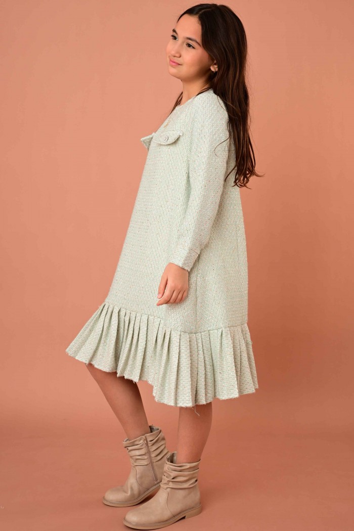 فستان بناتي أنيق بلون أخضر فاتح بتصميم تويد وكشكش في الأسفل - AN24366 