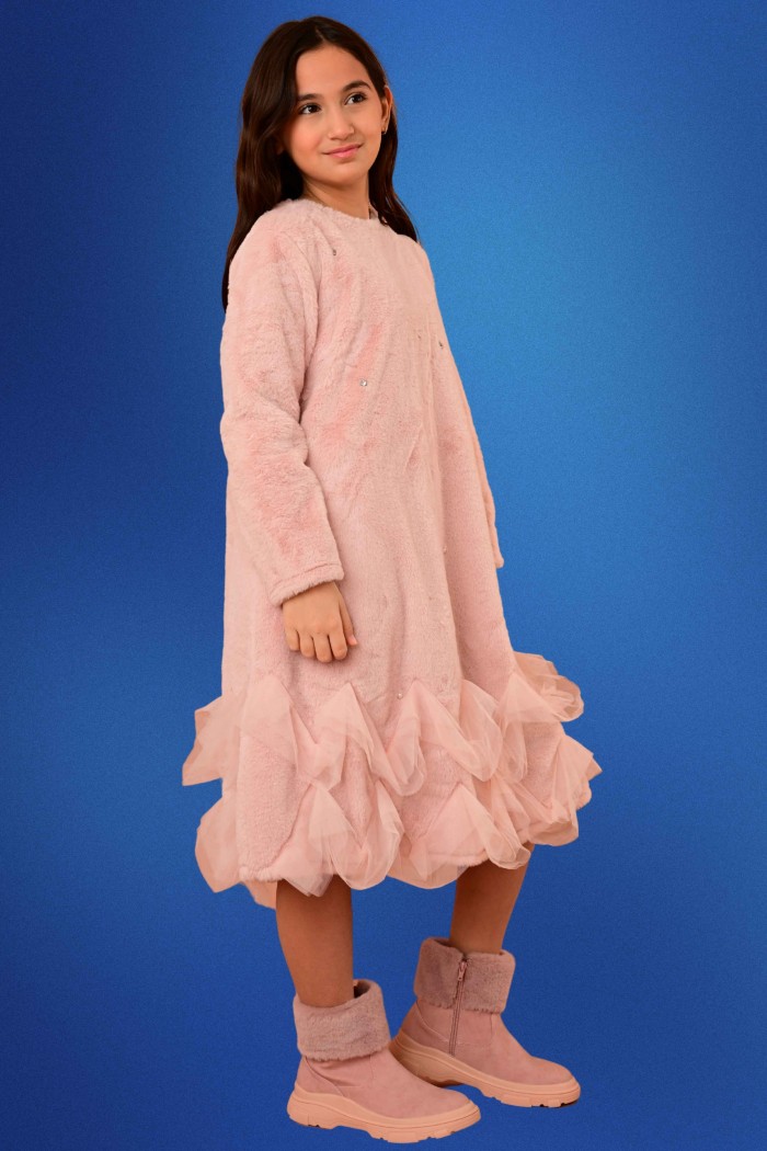 فستان شتوي بناتي وردي بتفاصيل تول ناعمة على الأطراف - AN24320	