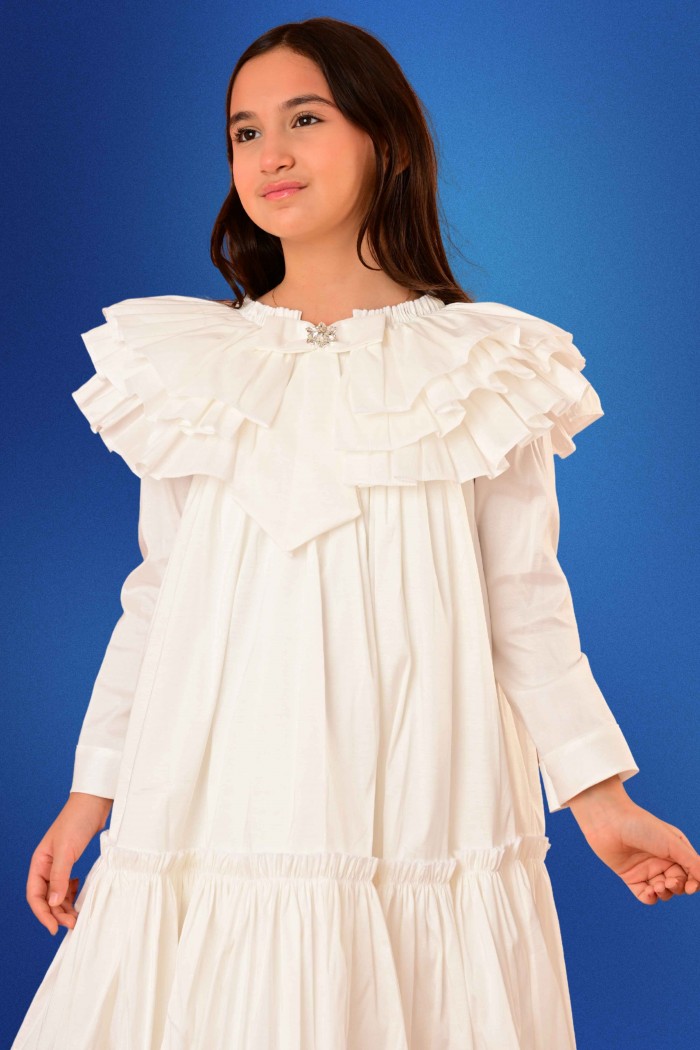 فستان فوشي أنيق للأطفال بتصميم كشكش وياقة مزينة بربطة من Biscoti بسكوتي – فساتين بناتي أنيقة وفخمة