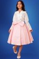 تنورة سهرة بناتي قماش تفته روسي بلون أبيض على وردي مع فيونكة أمامية أنيقة - KM/250-P