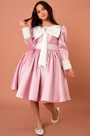 فستان سهرة بناتي وردي لميكادو مع فيونكة وفرو - RA2521-P