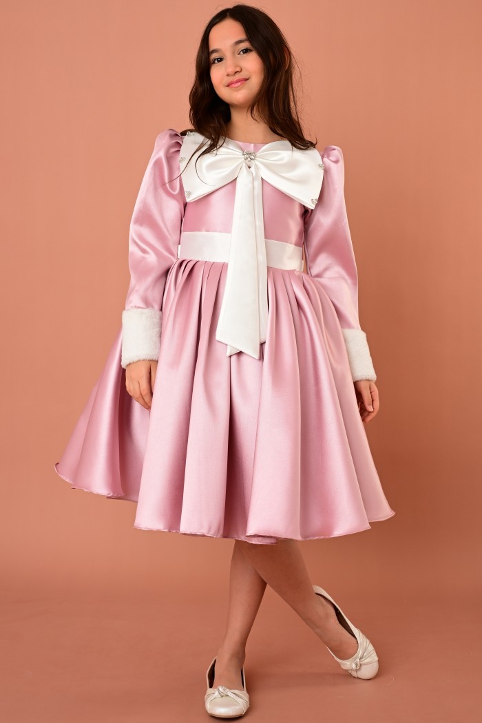 فستان سهرة بناتي وردي لميكادو مع فيونكة وفرو - RA2521-P من Biscoti بسكوتي – فساتين بناتي أنيقة وفخمة