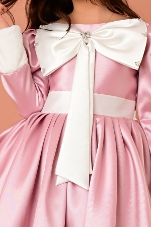 فستان سهرة بناتي وردي لميكادو مع فيونكة وفرو - RA2521-P