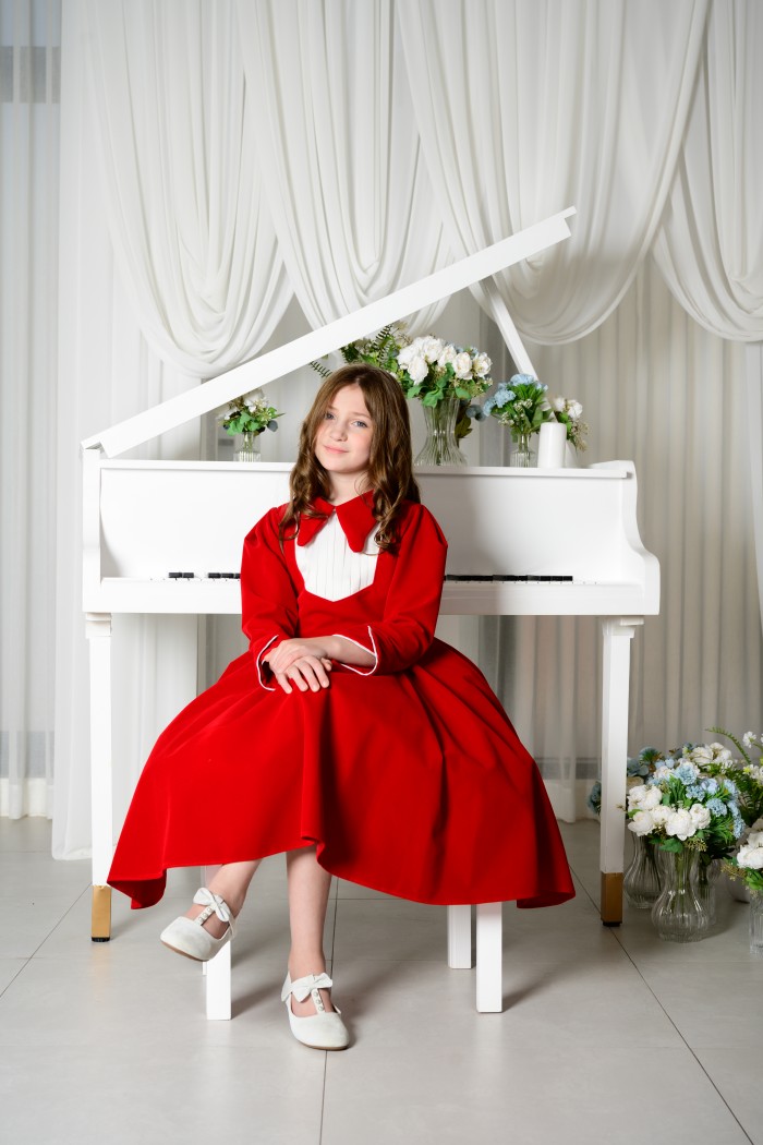 فستان بناتي أحمر أنيق بياقة كلاسيكية RA2526-R من Biscoti بسكوتي – فساتين بناتي أنيقة وفخمة