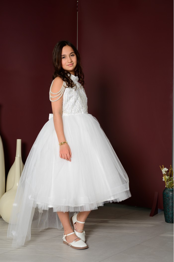 فستان الأميرة الأبيض بتفاصيل اللؤلؤ KM/246-W من Biscoti بسكوتي – فساتين بناتي أنيقة وفخمة