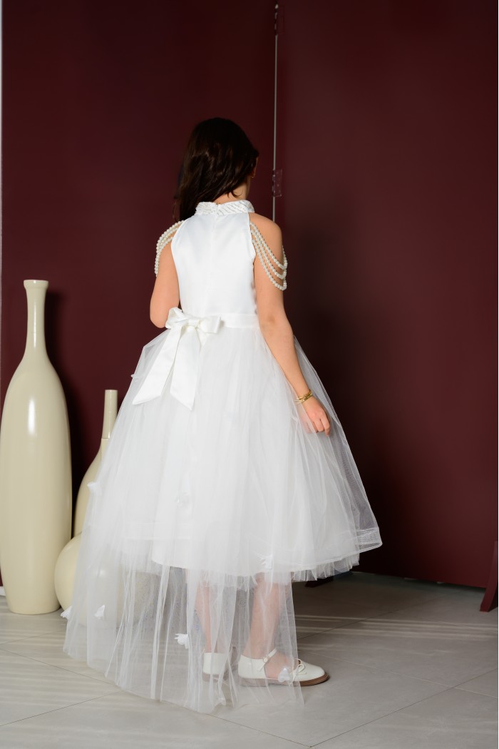 فستان الأميرة الأبيض بتفاصيل اللؤلؤ KM/246-W من Biscoti بسكوتي – فساتين بناتي أنيقة وفخمة