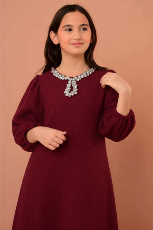 فستان شتوي بناتي لون عنابي بتطريز لؤلؤي فاخر حول الرقبة - AN24364	