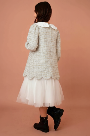 فستان بناتي أنيق بلون سكري بتصميم تويد وياقة بيضاء وتنورة تول منفوشة- AN24361	