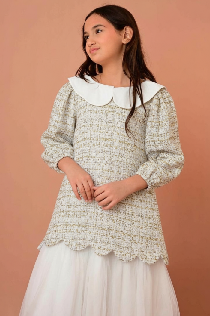 فستان بناتي أنيق بلون سكري بتصميم تويد وياقة بيضاء وتنورة تول منفوشة- AN24361	