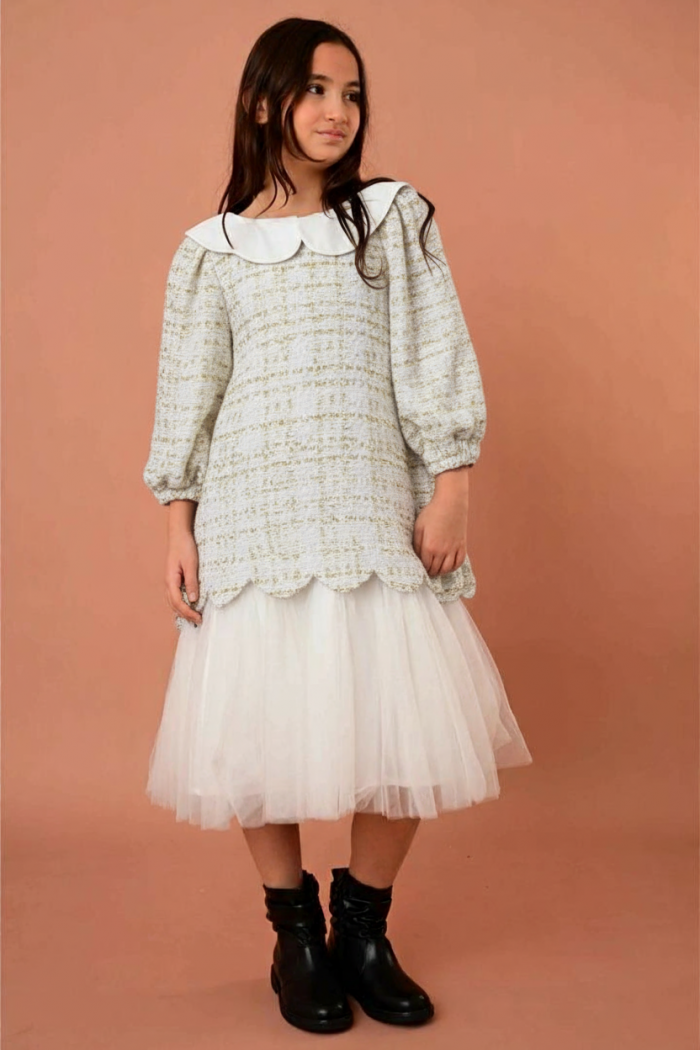 فستان بناتي أنيق بلون سكري بتصميم تويد وياقة بيضاء وتنورة تول منفوشة- AN24361	