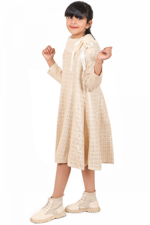 Winter dress 2021, off-white color, decorated with golden squares and a fluffy fur collar