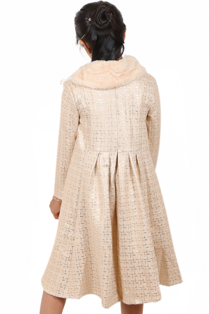 Winter dress 2021, off-white color, decorated with golden squares and a fluffy fur collar