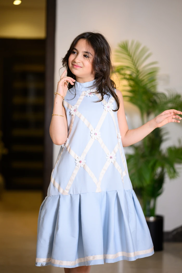 فستان  انيق سماوي مخطط بزهور وفصوص جميلة - AN24051