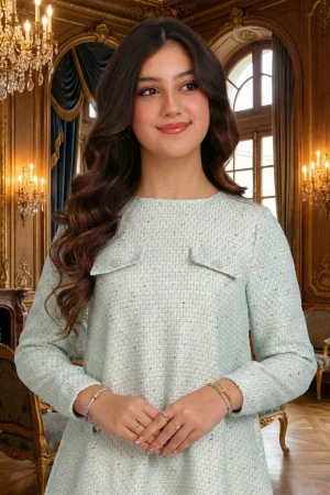 فستان بناتي أنيق بلون أخضر فاتح بتصميم تويد وكشكش في الأسفل - AN24366 