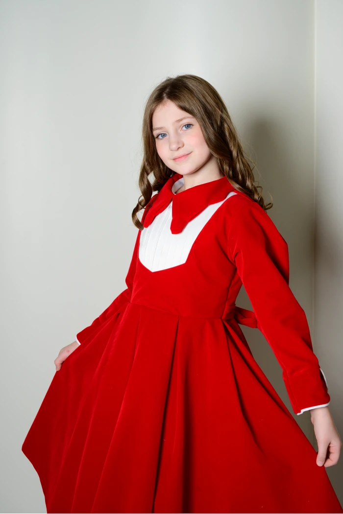 فستان بناتي أحمر أنيق بياقة كلاسيكية RA2526-R