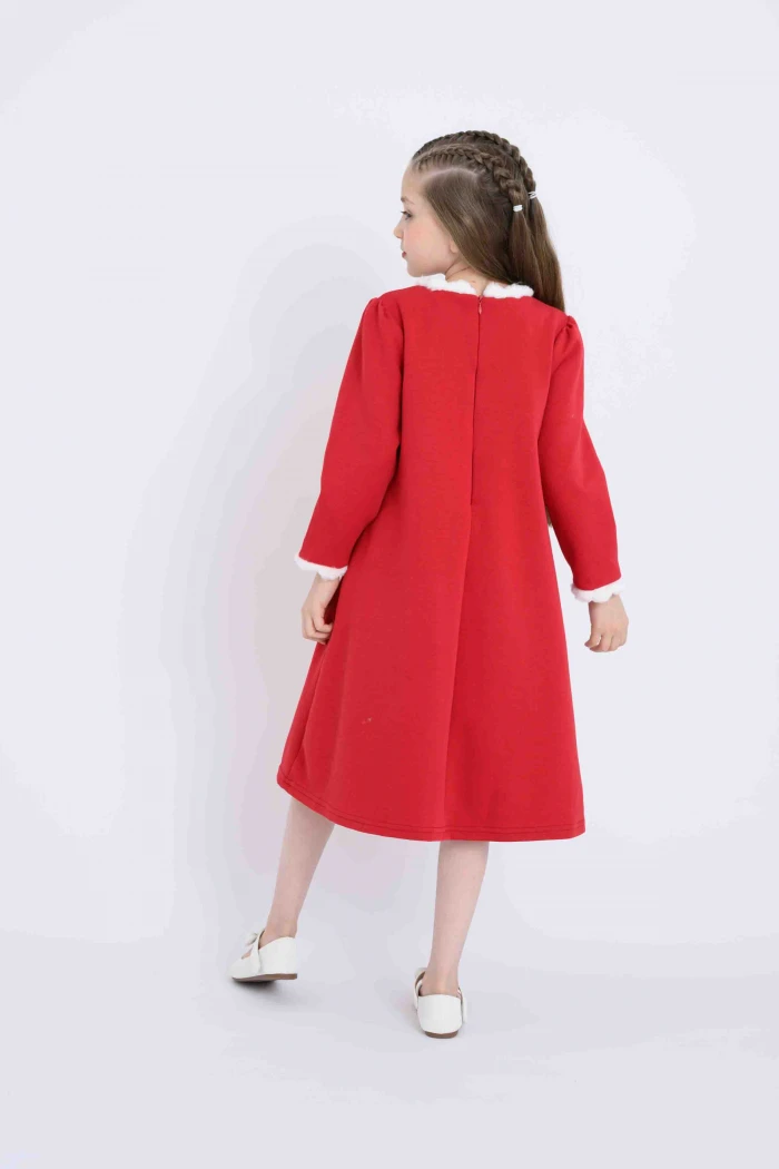 Girls Red Winter Dress with Loose Fit, Long Sleeves, Fur Trim Collar and  Pockets