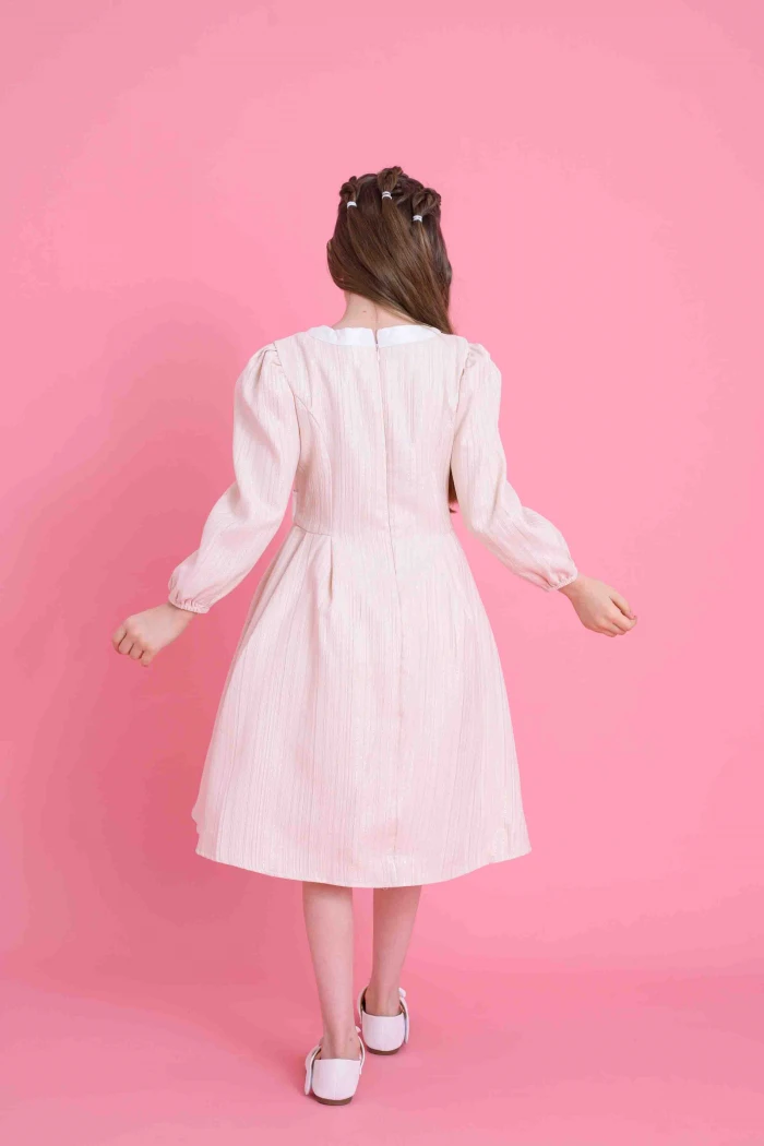 Girls Beige Winter Dress with Elegant Fit, Long Sleeves, Front Buttons and  Soft Details