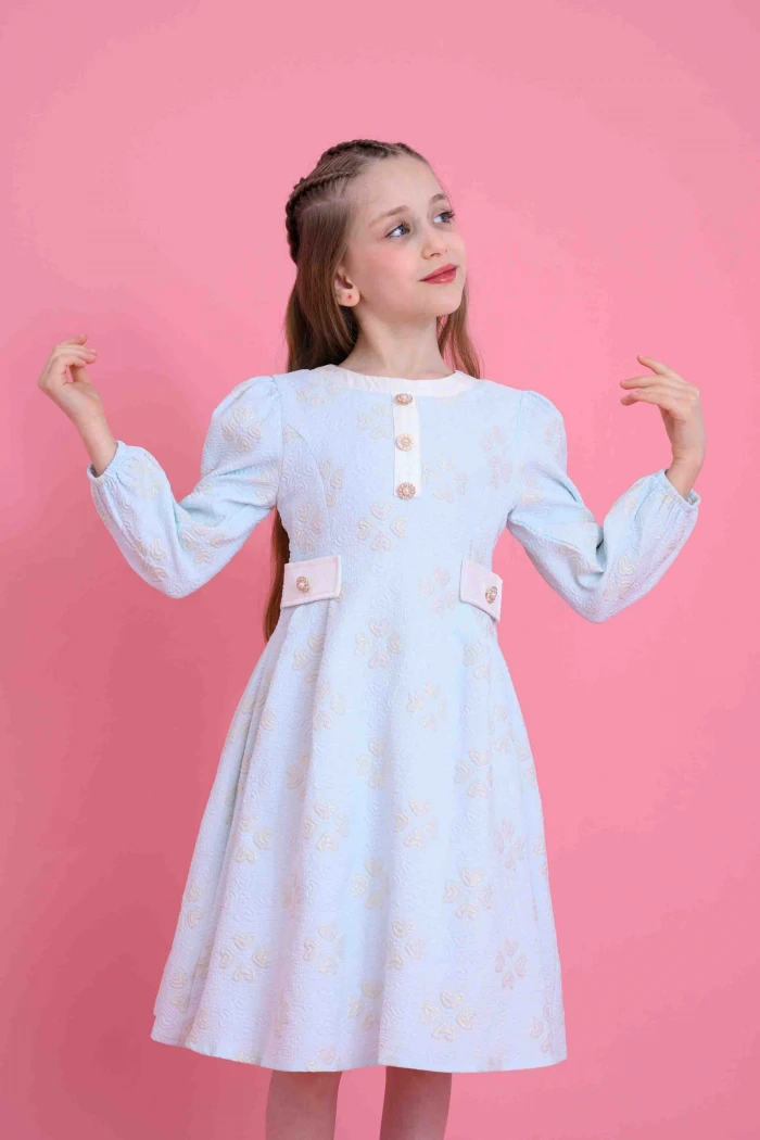 Girls Light Blue Winter Dress with Elegant Fit, Long Sleeves, Soft Pattern  and Front Buttons