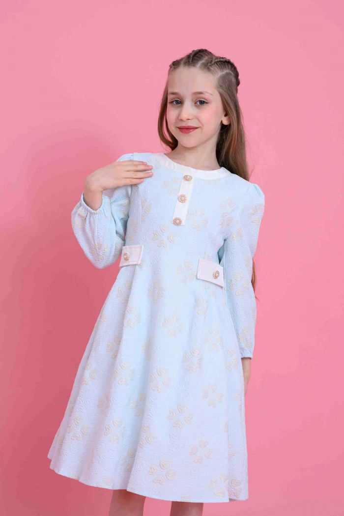 Girls Light Blue Winter Dress with Elegant Fit, Long Sleeves, Soft Pattern  and Front Buttons