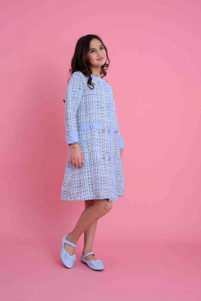 Girls Light Blue Tweed Winter Dress with Straight Fit, Long Sleeves, Front Buttons and Blue Trim Girls Light Blue Tweed Winter Dress with Straight Fit, Long Sleeves, Front Buttons and Blue Trim