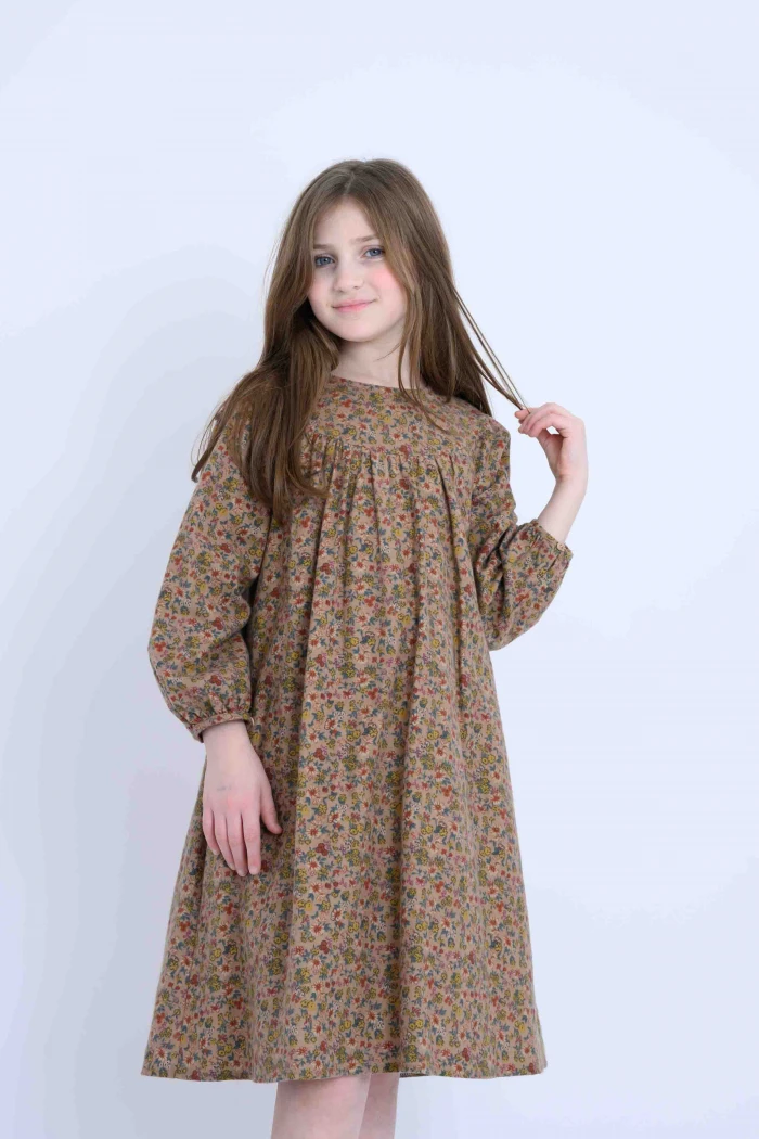 Girls' Brown Floral Midi Dress with Puff Long Sleeves and Loose Fit AN26063