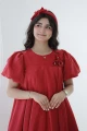 فستان بناتي عنابي دوّار بأكمام منفوشة وحافة كشكش ناعمة. AN25132