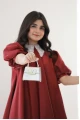 فستان بناتي عنابي راقي بياقة دانتيل فضية وأكمام منفوشة وقصة عالية من الأمام AN25013