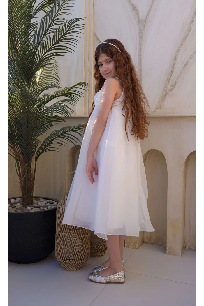 فستان بناتي أبيض شيفون مزين بورود ثلاثية الأبعاد على الصدر AN25136