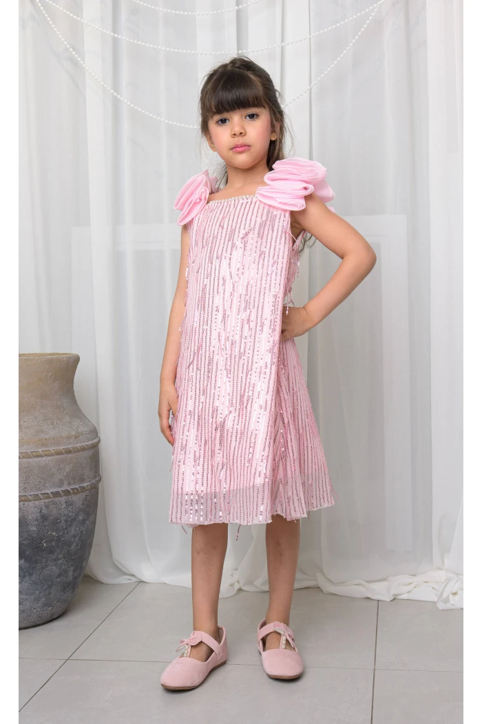 فستان بناتي وردي  بأكمام نفخة وخطوط لامعة AN25074