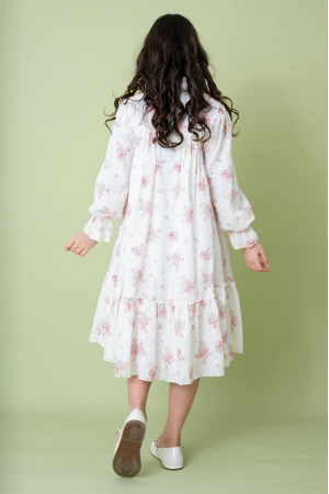 فستان بناتي أبيض شيفون ببليتات رومية وأزرار كريستال AN25061