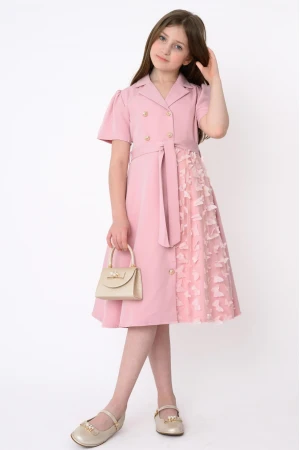 Elegant Pink Girls Dress with Front Buttons, Waist Belt and Butterfly Details AN25141