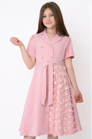 Elegant Pink Girls Dress with Front Buttons, Waist Belt and Butterfly Details AN25141
