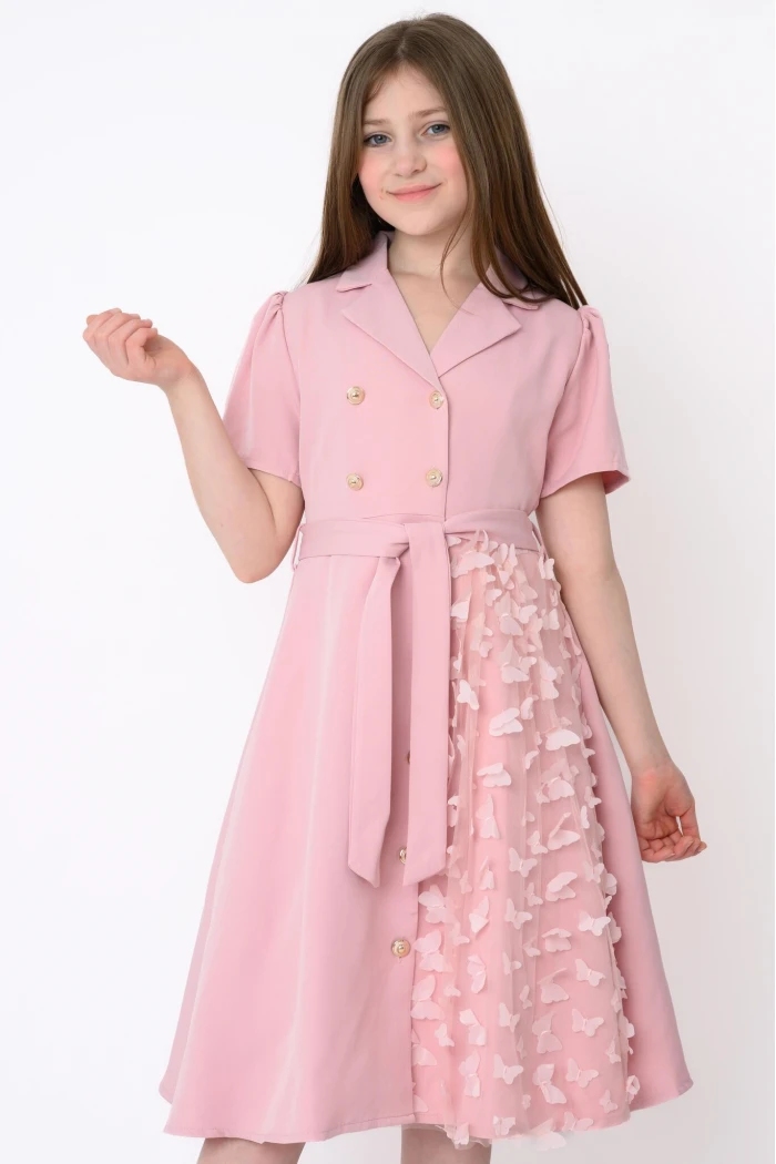 Elegant Pink Girls Dress with Front Buttons, Waist Belt and Butterfly Details AN25141