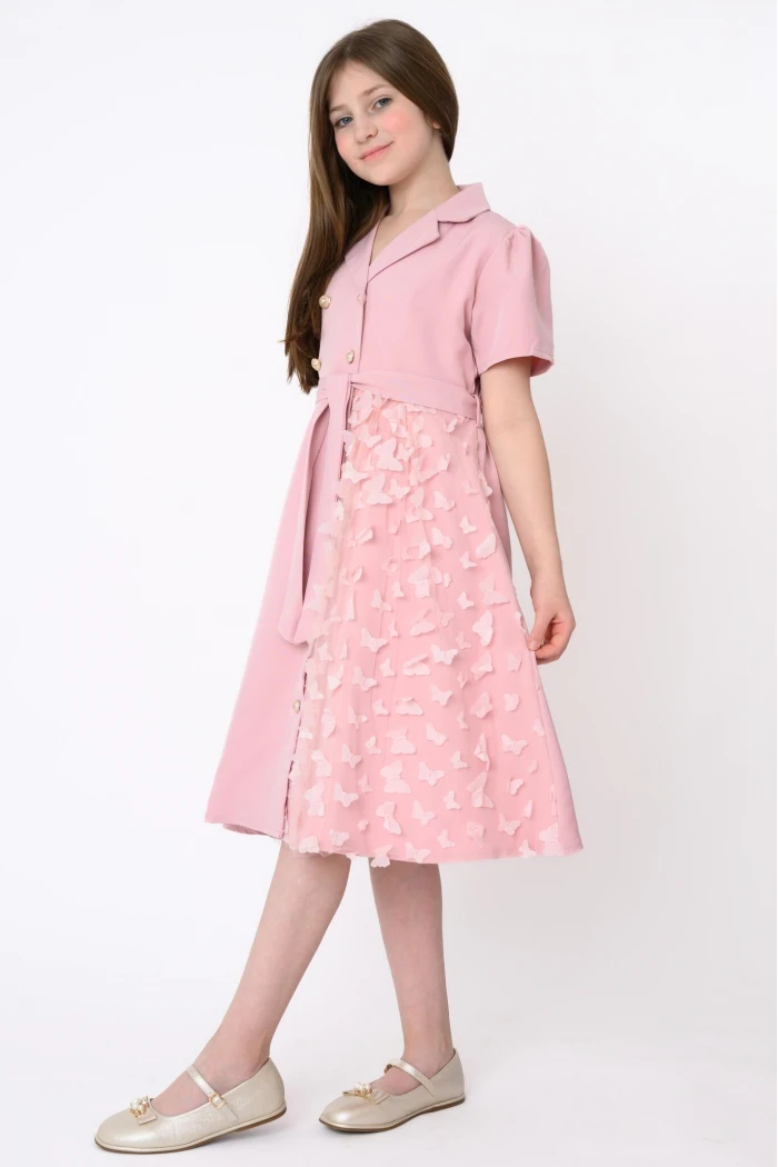 Elegant Pink Girls Dress with Front Buttons, Waist Belt and Butterfly Details AN25141