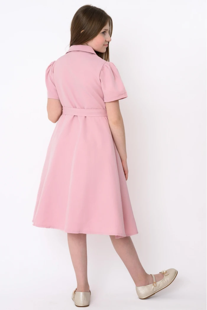 Elegant Pink Girls Dress with Front Buttons, Waist Belt and Butterfly Details AN25141