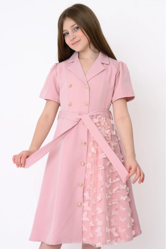 Elegant Pink Girls Dress with Front Buttons, Waist Belt and Butterfly Details AN25141