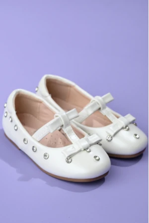 حذاء بناتي أبيض رسمي مزين بفصوص لامعة مع حزام أمامي ورباط علوي Sh3193-39-W