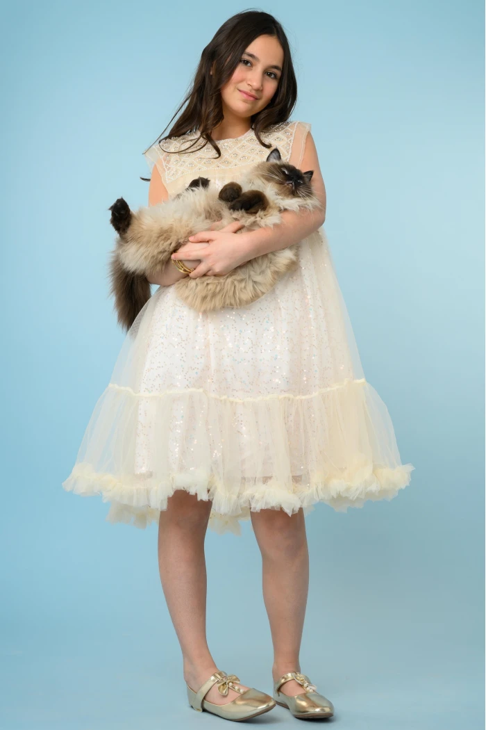 فستان بناتي ذهبي  تل مزين باللؤلؤ و الكرستال في الصدر  AN25037-G